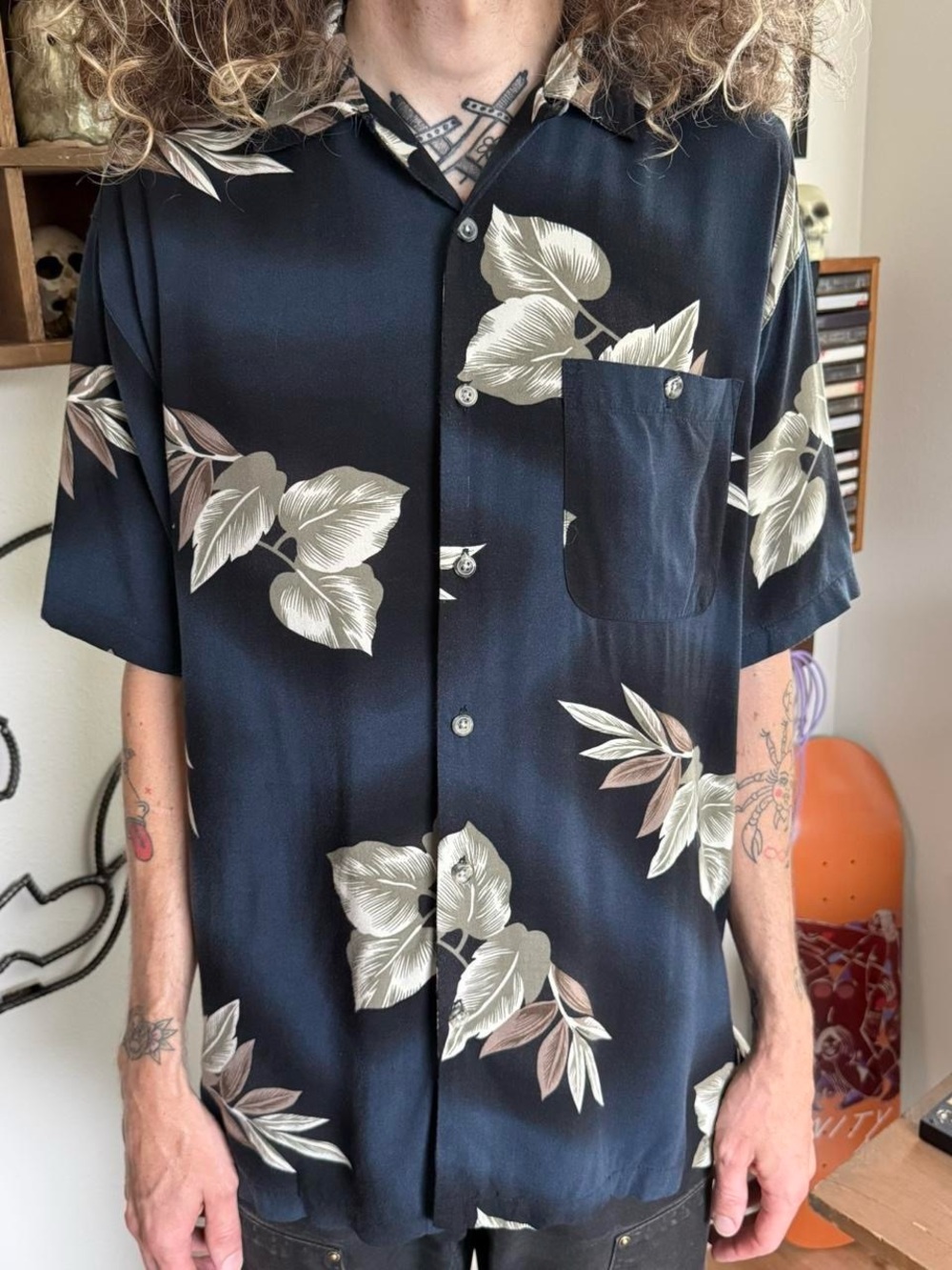 Vintage 90s Tropical Loop Collar Rayon Hawaiian ~ Size Large